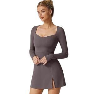 QINSEN MINI DRESS GOLF TENNIS PICKLEBALL SZ M GRAY LILAC SWEETHEART NECKLINE